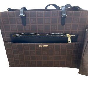 STEVE MADDEN PLAID TOTE SET BLIVIA COGNAC LOGO WITH PURSE